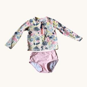 RuffleButts Flamingo Floral Rash Guard Swim Set 3T Blush Pink Ruffle Bottoms